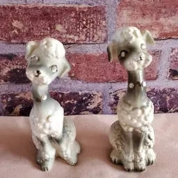 1960's Enesco Kitschy Poodle Salt and Pepper Shakers Rhinestone Eyes (missing center stone on collars)
