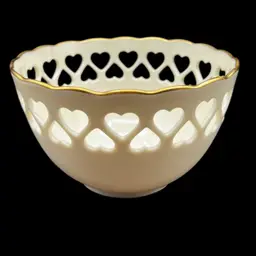 #216A Vintage 1990’s  Lenox China Heart Collection Pierced Bowl w/24K Gold Trim & Embossed Rose. Made In USA