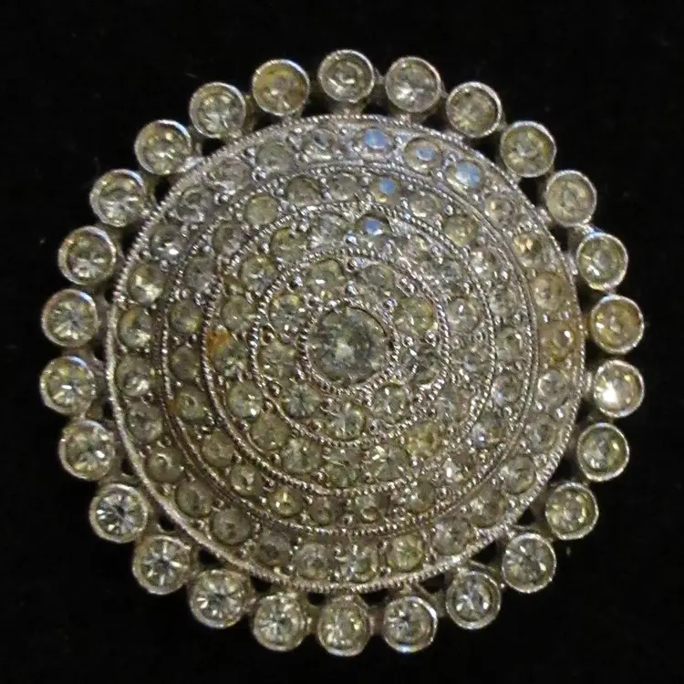 Vintage Silver Tone Metal with Pave Set Rhinestones Domed Brooch Pin - 1.25 Inch Diameter