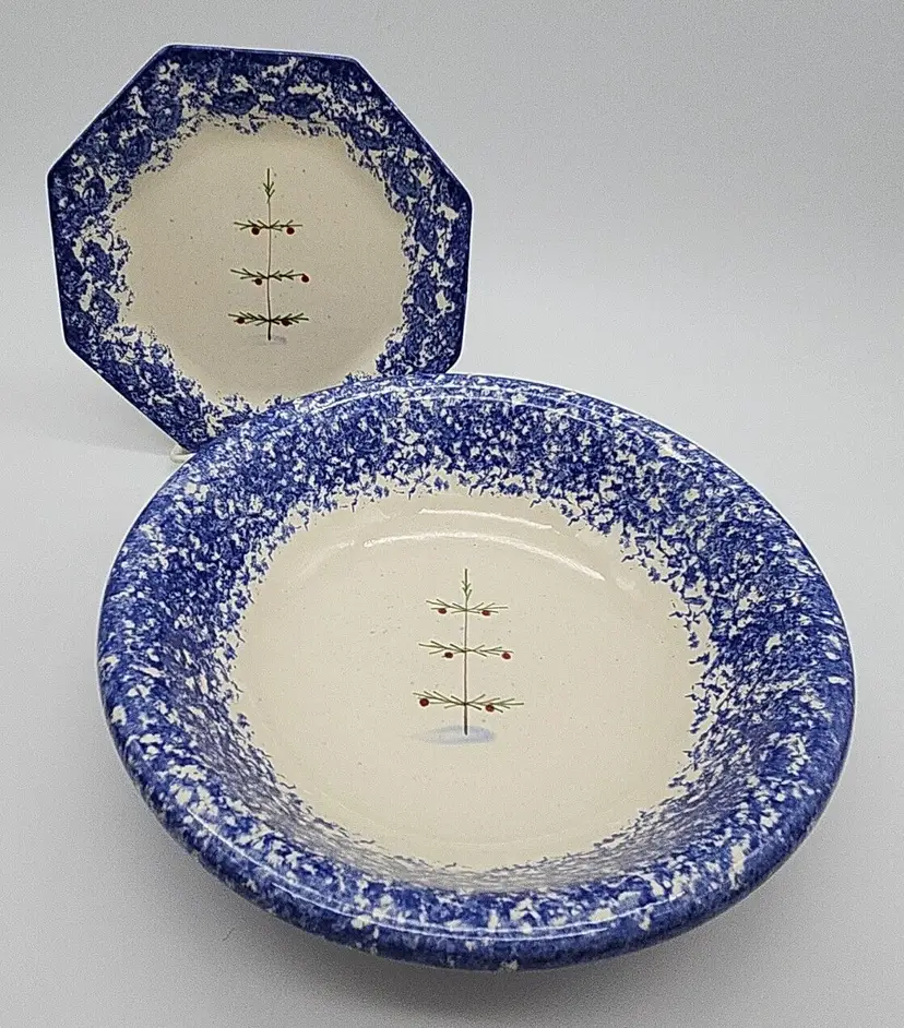 Molly Dallas Spatterware Feather Tree Folk Art 9" Serving Bowl & 6.5" Octagon Plate