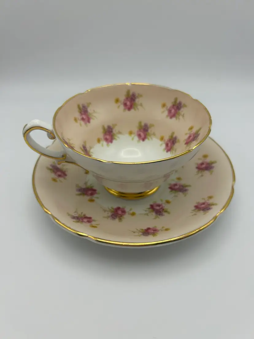 Stanley Fine Bone China Teacup & Saucer Set Gold Trim & Pink Floral Design Vtg