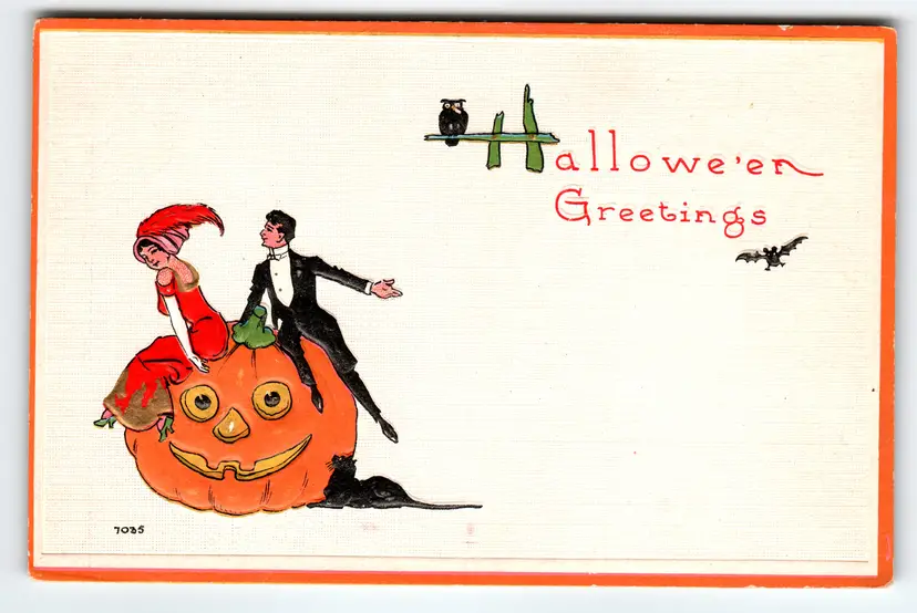 Vintage Bergman 1910s Halloween Greetings Divided Back Postcard Pumpkin Scene