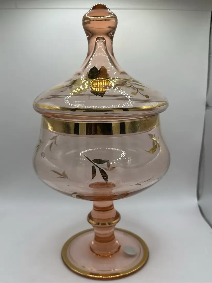 Vintage Peach and Gold Footed Candy Dish  Made in Romania.