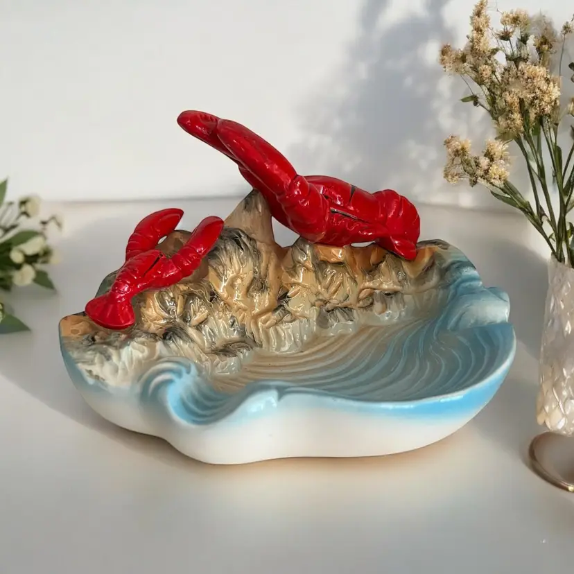 Mid Century Lobster Ashtray. 3D Ceramic Figural Lobster Beach Large Smoking Accessories Souvenir. Unique Rare Hard to Find