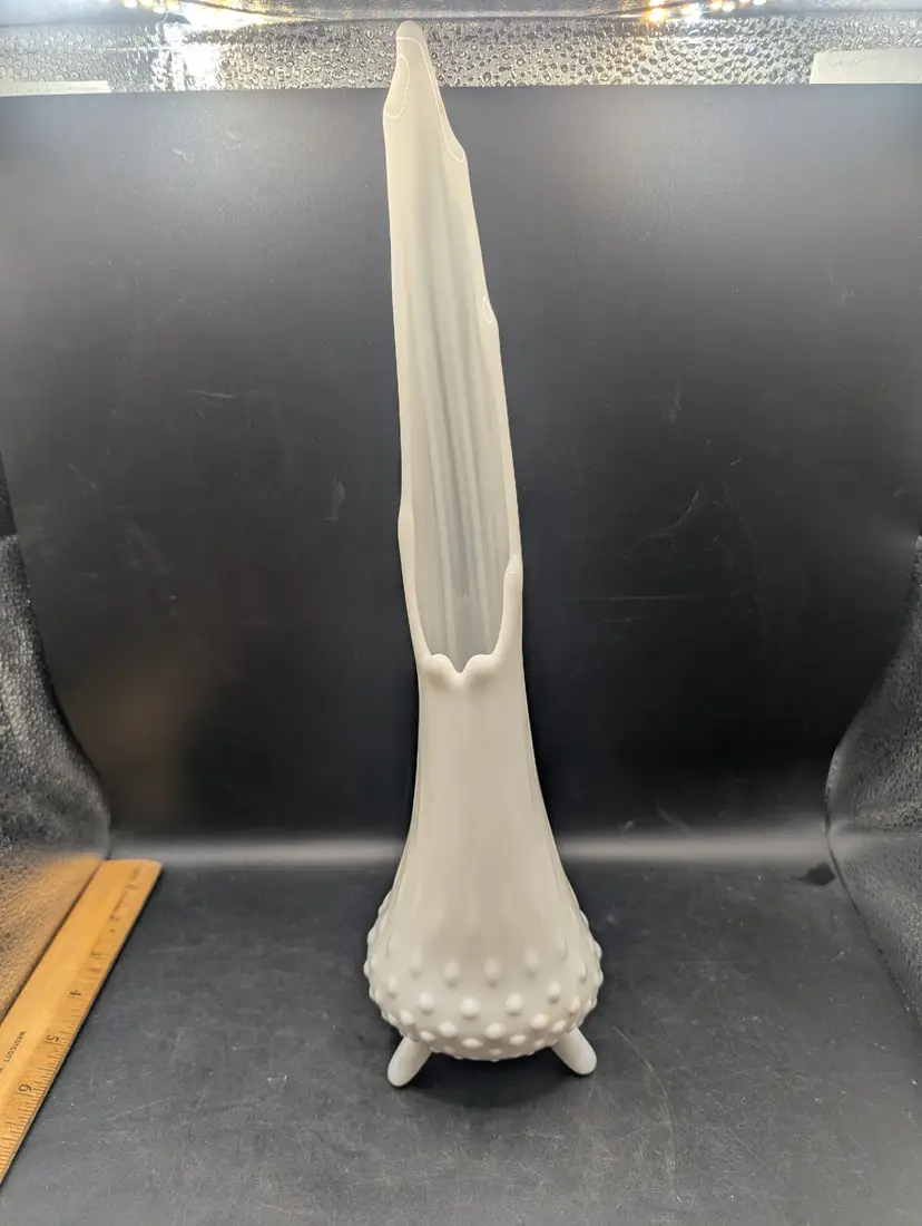 Vintage L E Smith Three Toed Hobnail Base Stretch White Milk Glass Swung Vase 15"