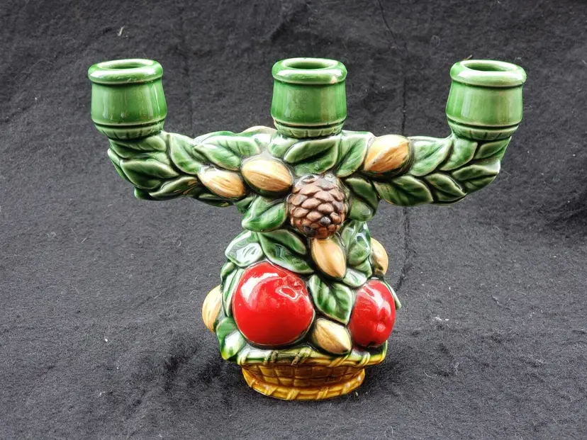 Inarco Candle Holder Ceramic basket  of Fruit Nuts Pinecones & Leaves Japan Vtg.