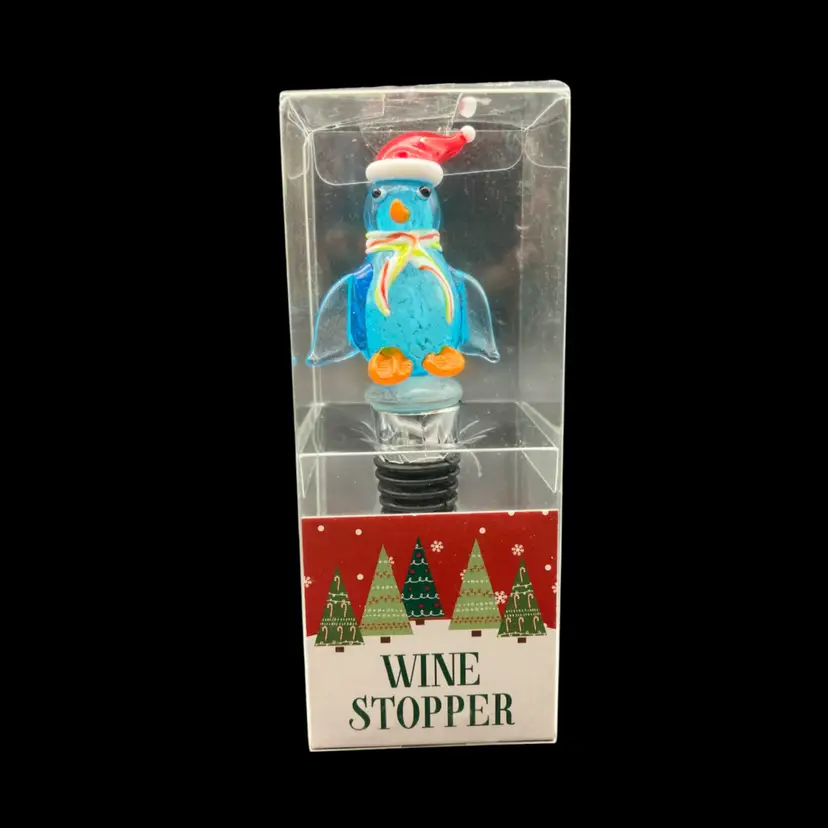 BIN - Contemporary Glass Santa Penguin Wine Stopper New 4.5”