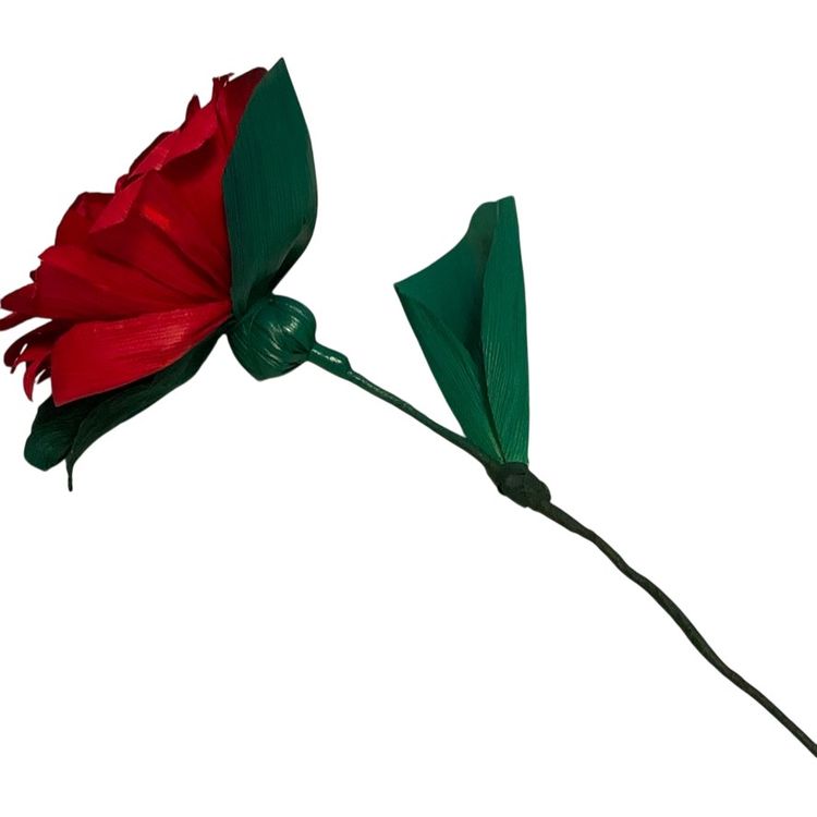 # 034. Handcrafted Red Corn Husk  Rose🌻 Flowers 5” Blossom Approximately 10” Long