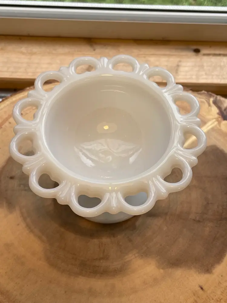Vintage White Milk Glass Heart Pedestal Bowl with Open Lace Trim 1950s