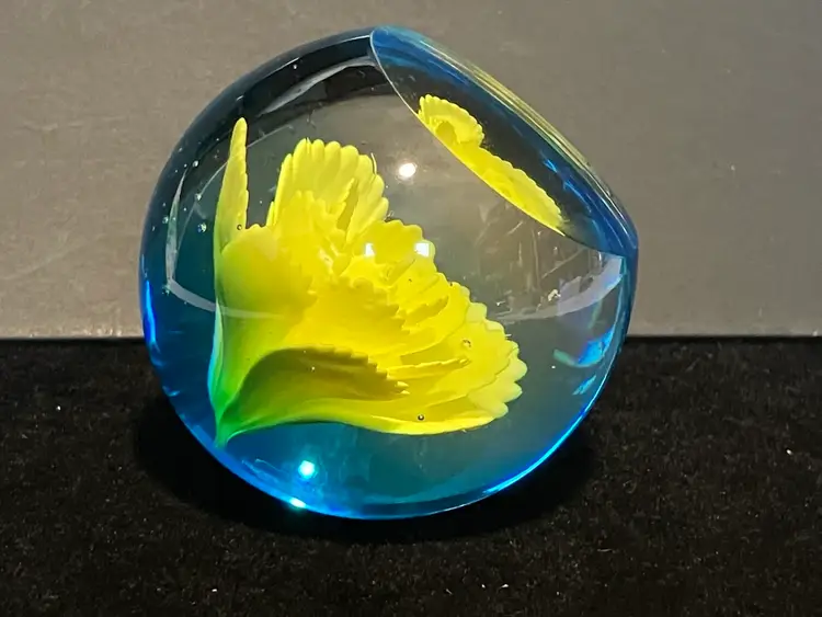 Blue And Yellow Art Glass Flower Paperweight