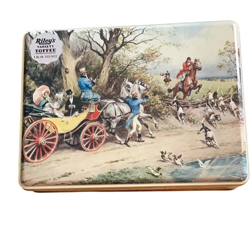 Vintage Riley’s Toffee Tin With Hinged Lid English Fox Hunt Scene 9.5 X 7.25 Inches
