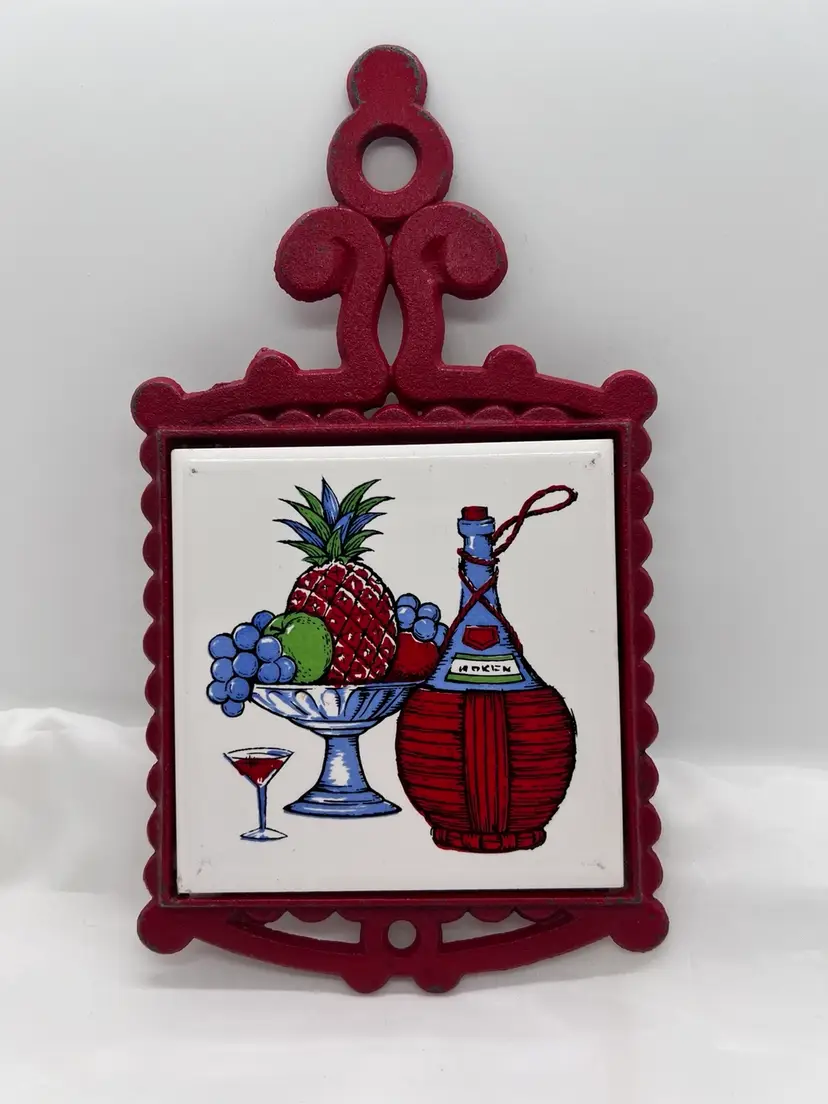 #510B Vintage Red, White and Blue Wine Bottle And Fruit Bowl Tile Trivet on Cast Iron Painted Red
