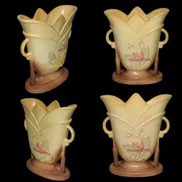 Vintage Hull Pottery Floral Relief Vase Double Handles Scalloped Rim