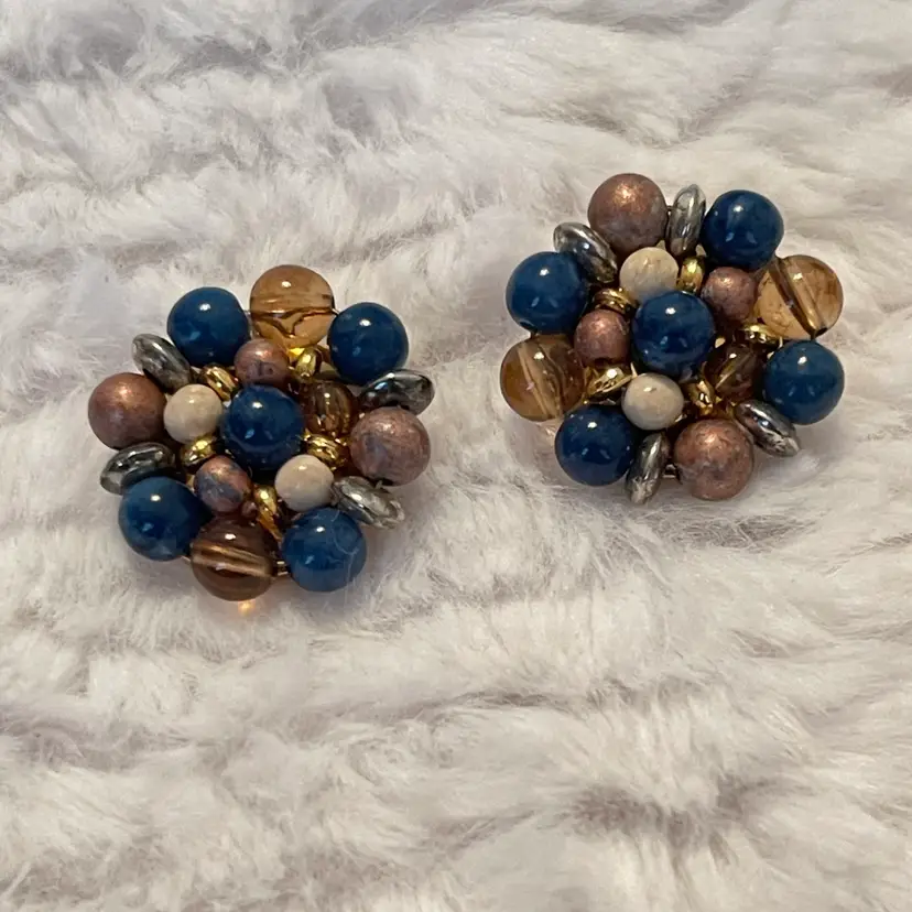 Vintage Beaded Cluster ClipOn Earrings Multicolor Retro Statement