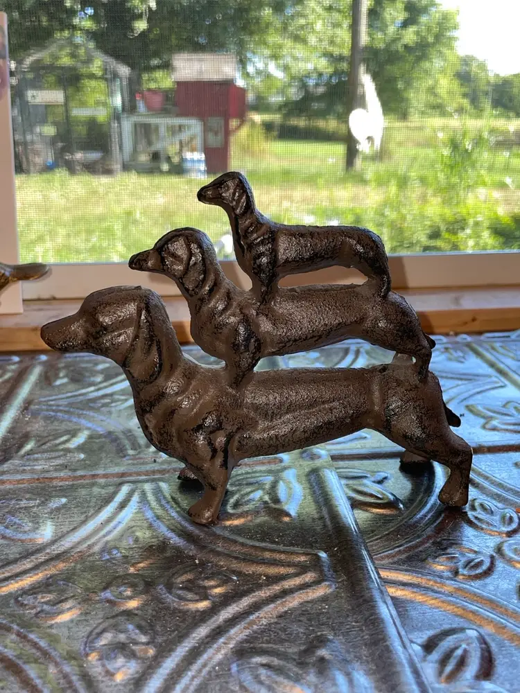 Vintage Cast Iron Triple Stacked Dachshund Weenie Dog Figurine Rustic Decor