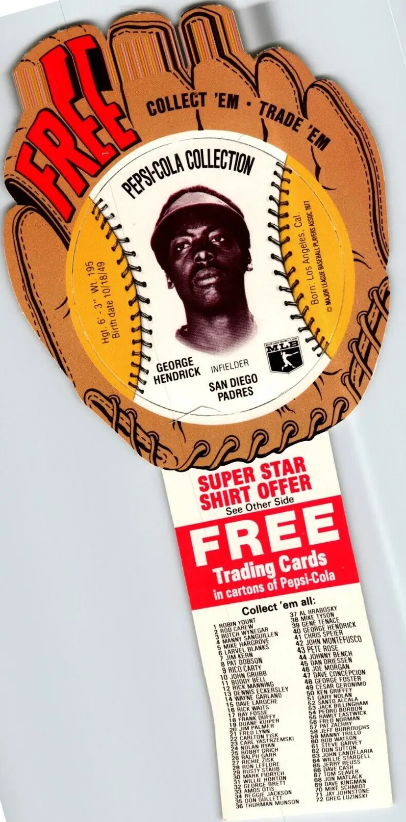 Pepsi-Cola Baseball Trading Card 1977 George Hendrick San Diego Padres Diecut