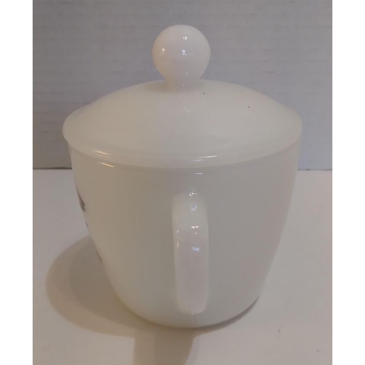 Vintage Milk Glass Fire King Ring Necked Pheasant Sugar Bowl w Lid.