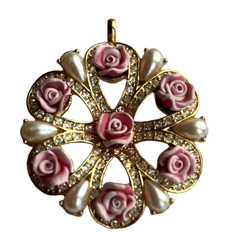 Pretty Vintage Nina Ricci NR Avon Convertible Brooch Pendant Pink Floral Rhinestone Gold Tone Faux Pearls