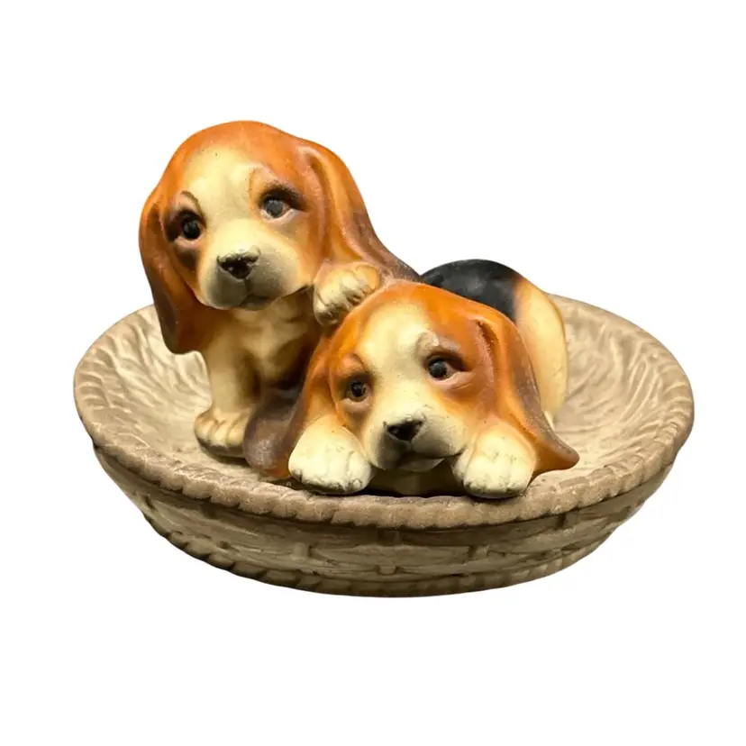 Porcelain Japan Basset Hound Puppies In Basket Signed And Numbered M.Takui  019B