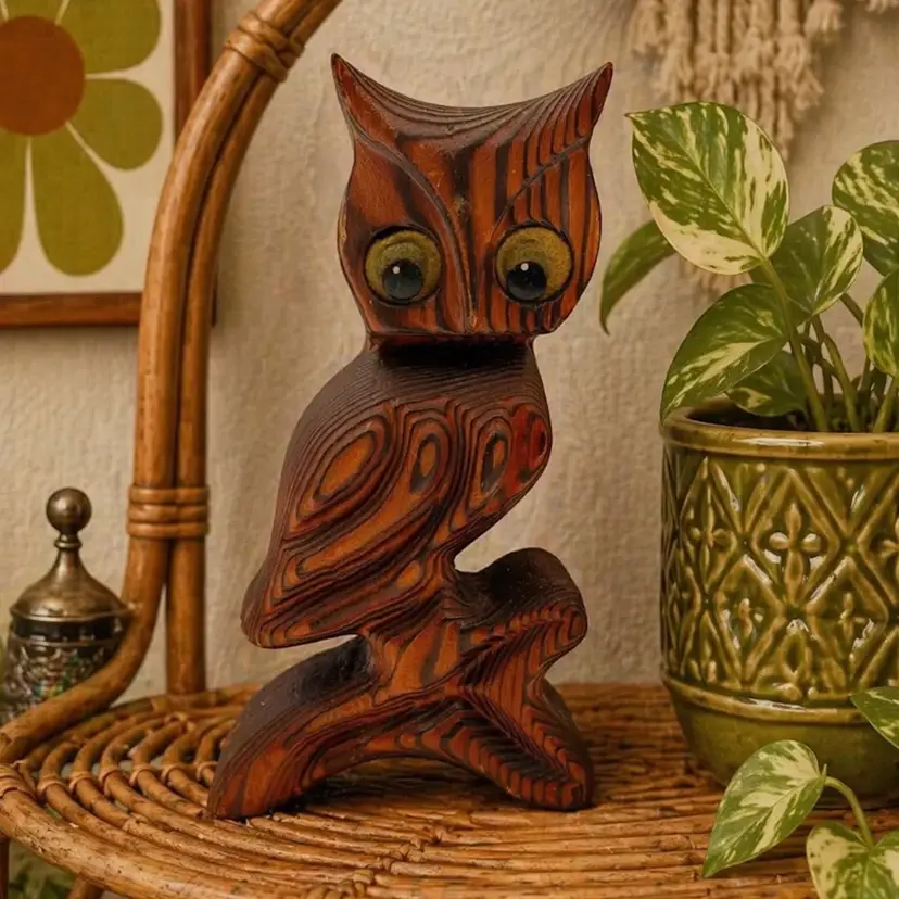 Vintage MCM Carved Burnt Wood Owl Wall Hanging Green Mountain MFG