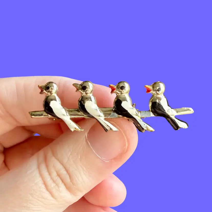 Vintage Enamel Birds in a Row Brooch Pin, Gold Tone Unmarked READ