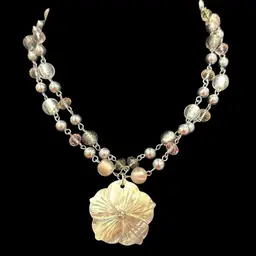Cookie Lee Double Strand Bead Necklace Mother of Pearl Flower Pendant