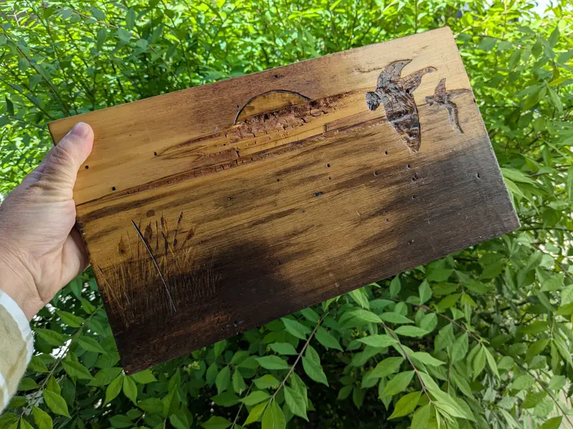 Vintage Art Wood Burning Art Lake Birds Scene Plaque Artwork Signed 1989