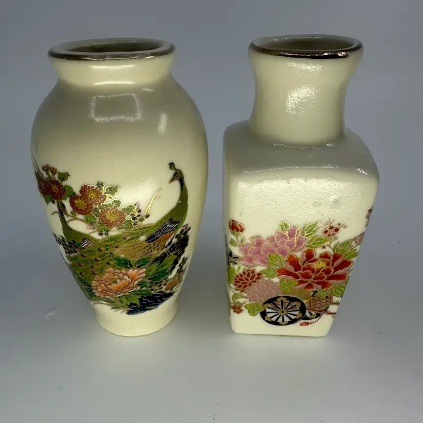 Vintage Japanese Ceramic Mini Vases Peacock & Florals Set/2