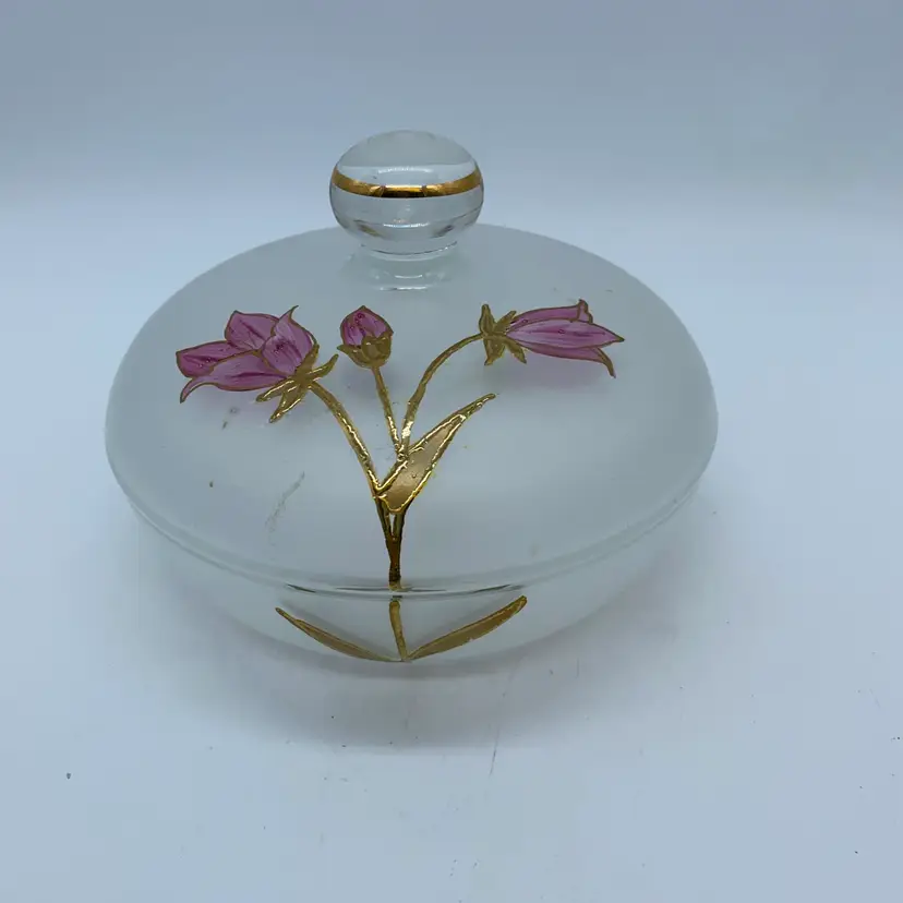 #1220 Bohemian crystal frosted glass candy dish with hand-painted flowers and gold accents.