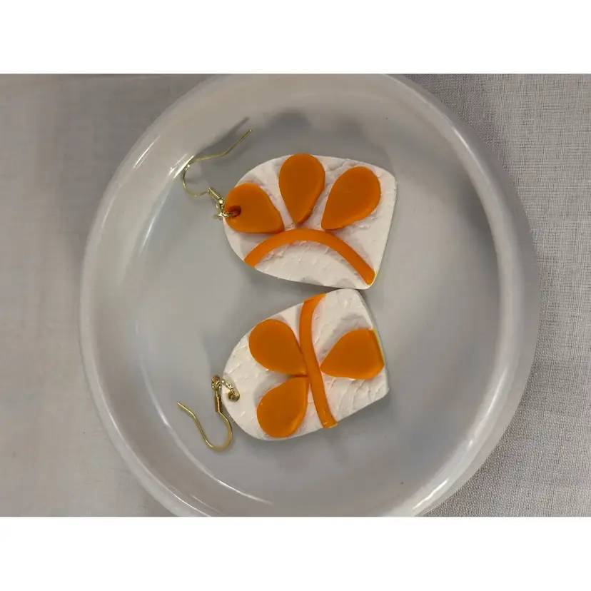 White Orange Fish Hook Polymer Clay Earrings Handmade
