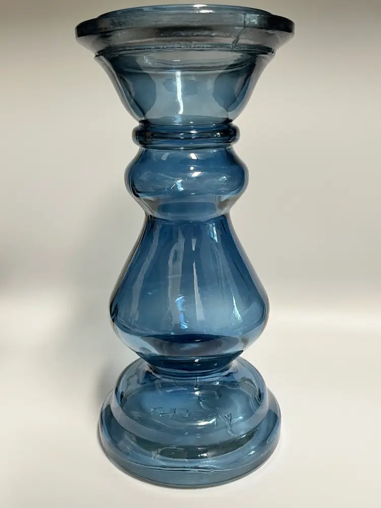 Vintage L.E. Smith Blue Pressed Glass Candle Holder – 9.25” Tall – Marked “S © PATENT”