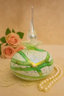 Vintage Handblown Art Glass Perfume Bottle – Green Swirl Frosted with Iridized Stopper