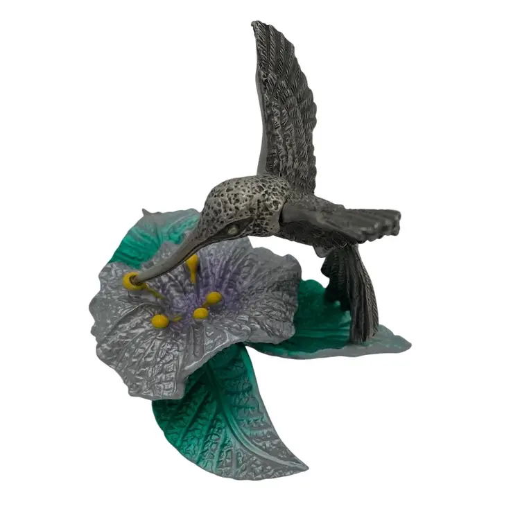 Camco Pewter Hummingbird with Purple Honeysuckle Flower & Green Leaves