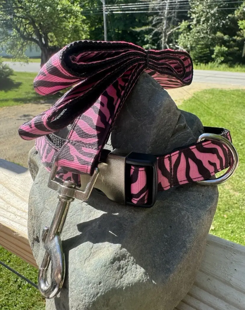 Dog Collar & Leash Pink Zebra Print Large Handmade Heavy Duty NEW
