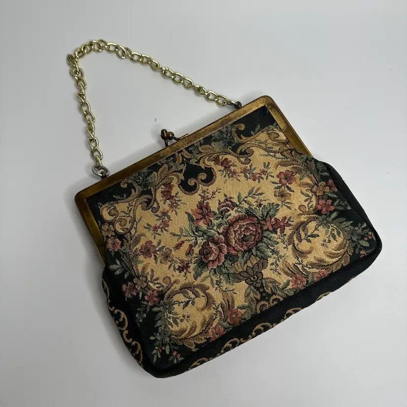 Vintage Tapestry Evening Bag 1950s Handbag Purse Victorian Ornate Flowers