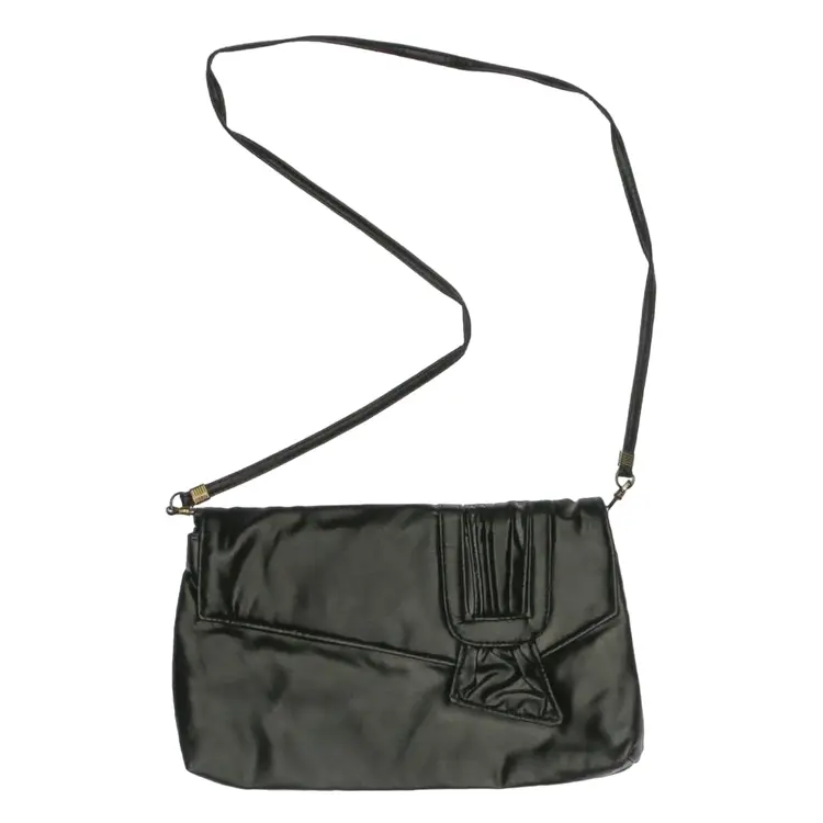 0047 Vintage LePrivé Holiday Fair Black Faux Leather Clutch with Strap