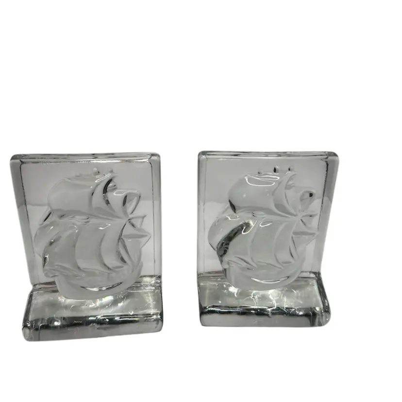 Vintage Heavy Clear Glass Martinsville Ships MCM Bookends @5 1/2x 4 1/2x 2