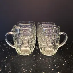 Barrel Shaped Clear Glass Beer Mugs Vintage Thumbprint Dimpled Glass Set of 4