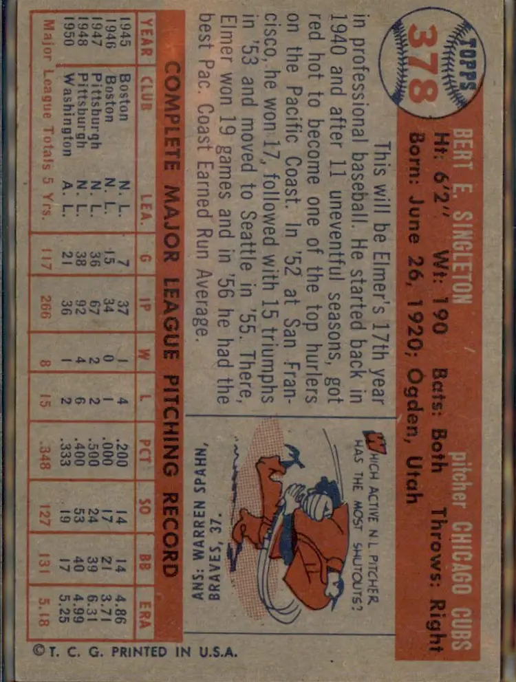 1957 Topps #378 Elmer Singleton - (pk1) - Chicago Cubs