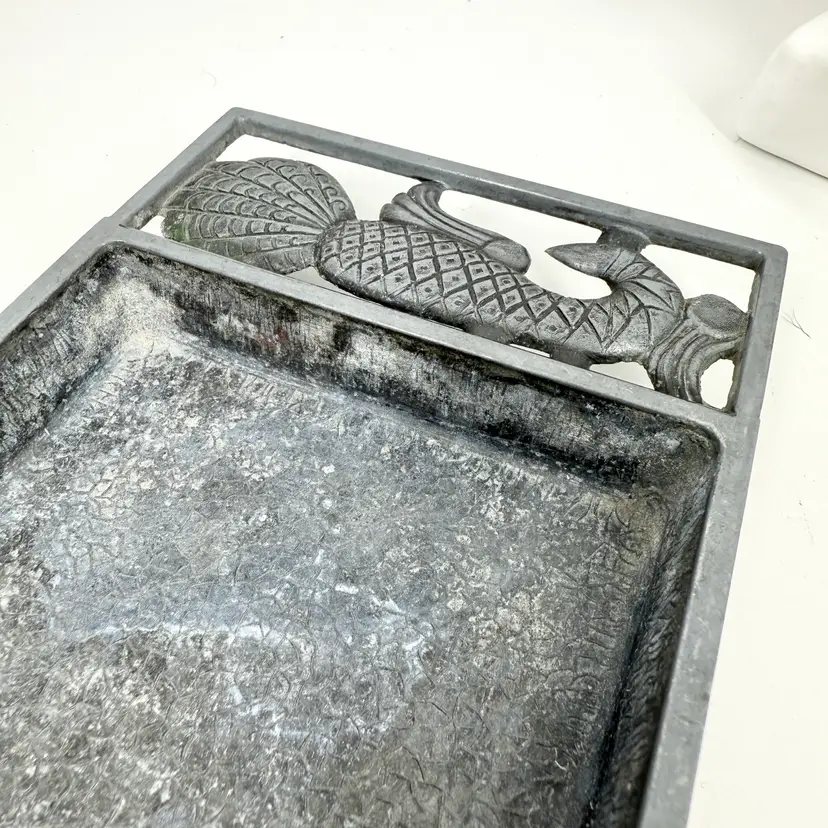 UKRAINIAN Metal TRINKET/Key TRAY Peacock COIN DISH MCM Folk Art 60s-70s SOVIET Era