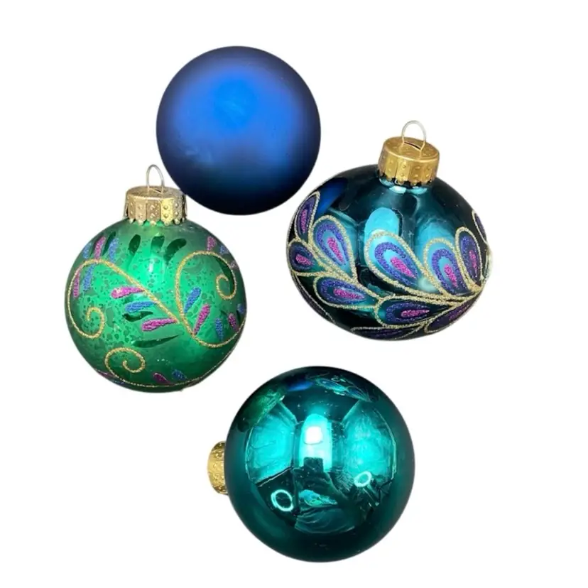 Unique Treasures Blue Blown Glass Christmas Ornaments Peacock Feathers Set of 4
