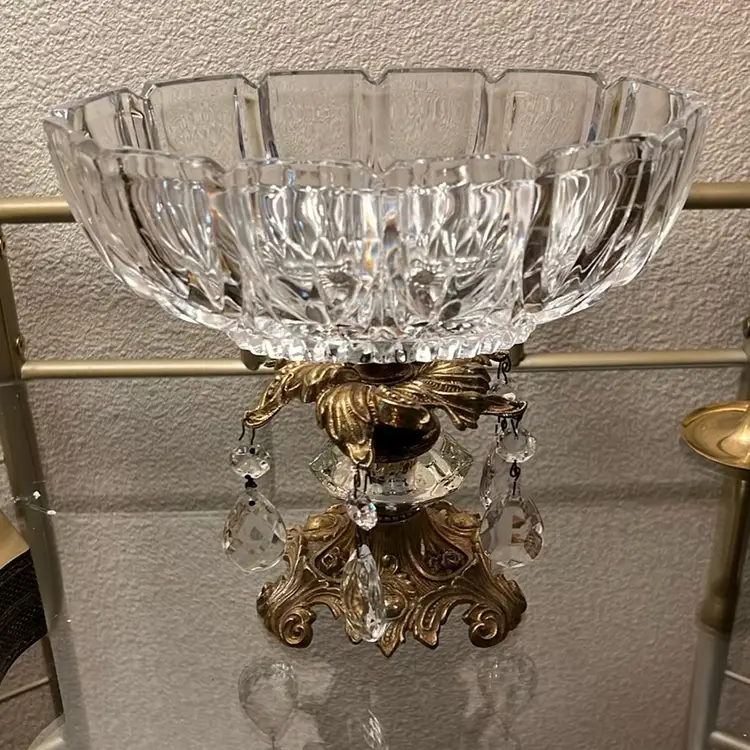 Vintage 1973 L&LWMC Cut Crystal, Hanging Prisms And Brass Compote Centerpiece Hollywood Regency Bowl 7.25” x 7”