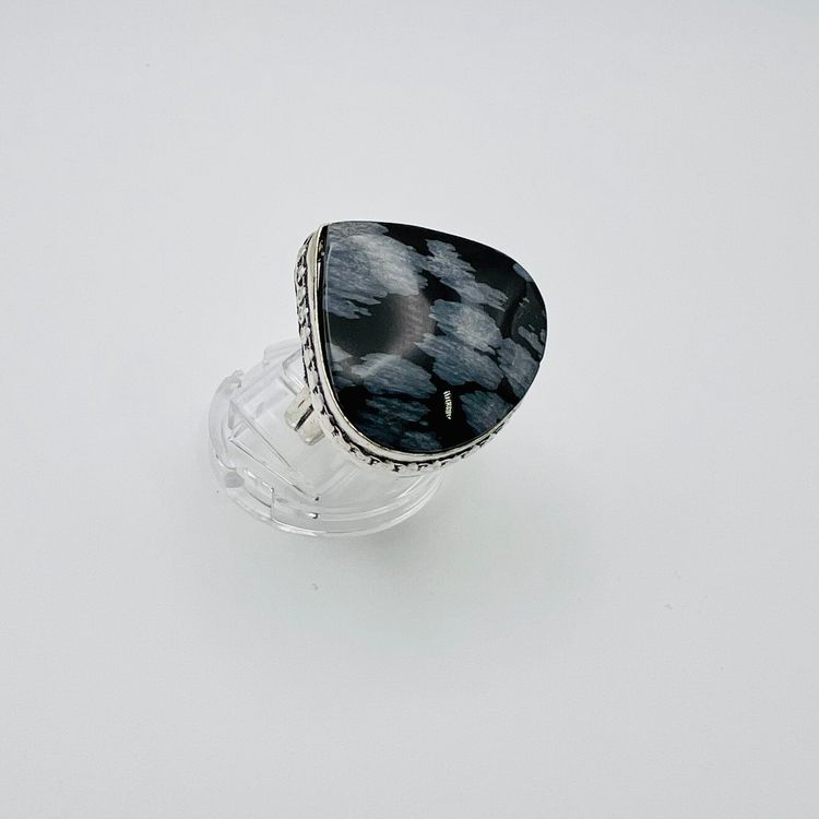 Handcrafted Snowflake Obsidian Ring (size 7.5) in Sterling Silver Finish
