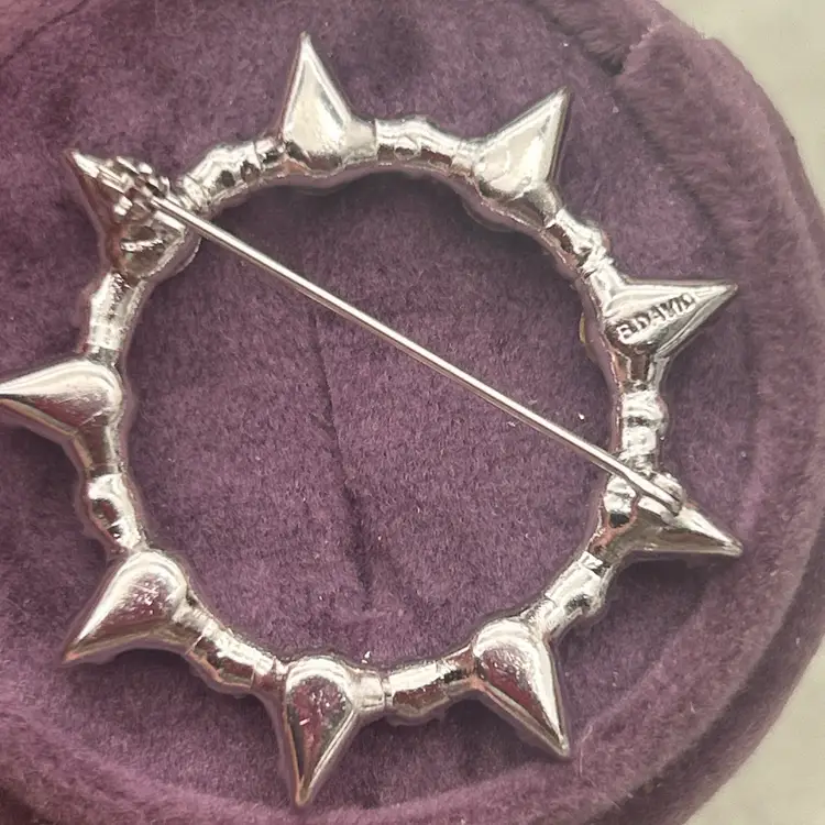 Vintage B. David Multicolor Rhinestone Wreath Brooch Faux Pearl Circle Pin Silver Tone