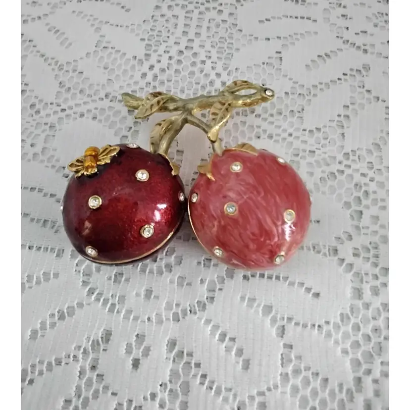 Double Strawberry Enameled Pill/Trinket Boxes w/Rhinestones