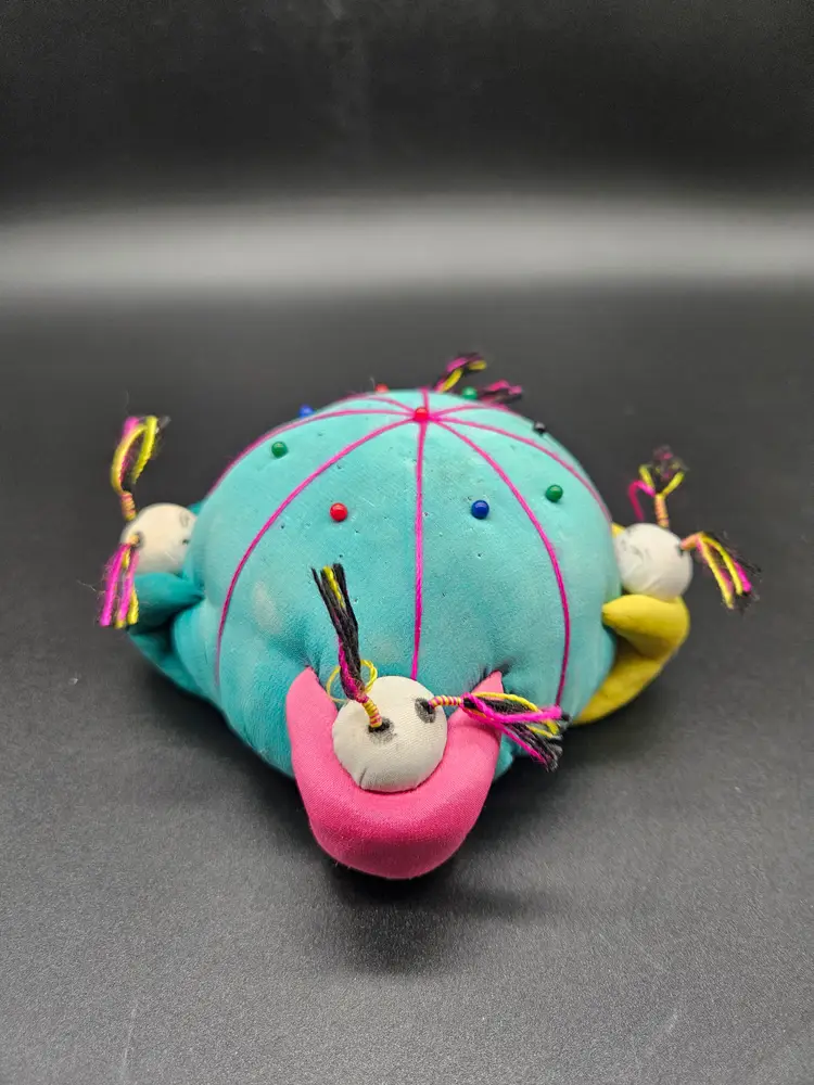 Vtg Asian Chinese Sewing Pin Cushion Teal Pink 4 Children People on Sides 4 in