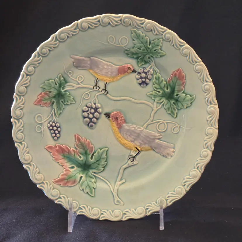 Majolica Highmount West Germany 230 Birds Grapes Blue 8½” Plate 1960s Vintage