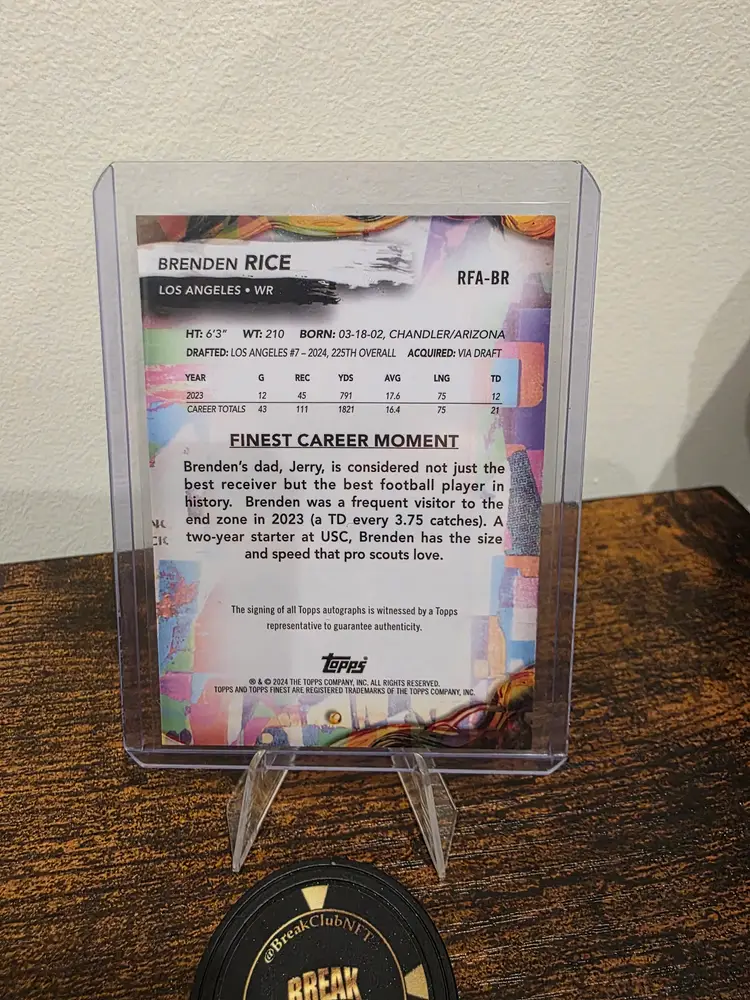 Brendan Rice 2024 Topps Finest Rookie Auto /50