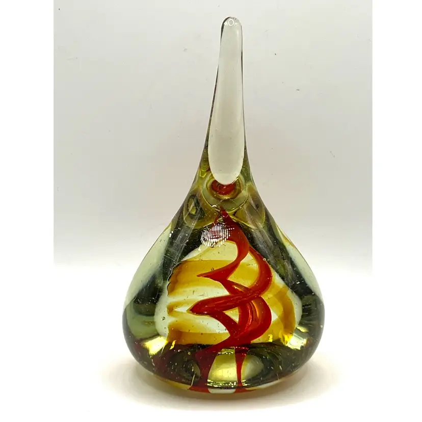 Studio Art Glass Water Drop Shaped Hand Blown Paperweight Abstract Swirl Yellow Red Spiral