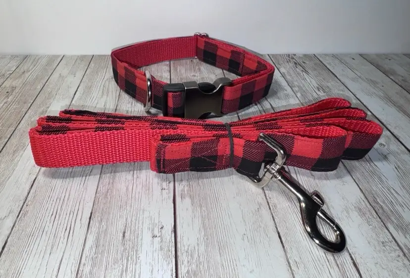 Dog Collar & Leash Buffalo Plaid Large Handmade Heavy Duty Multi Color Print NEW